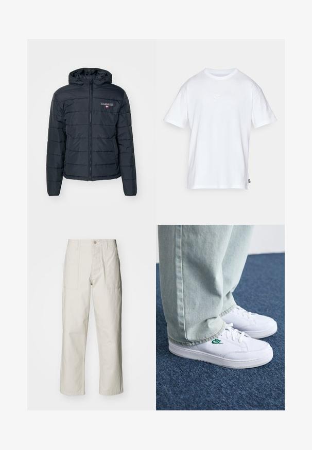 Chaqueta acolchada en gris oscuro con cremallera frontal, capucha, puños elásticos y un diseño acolchado. Detalles de logo en el área del pecho izquierdo. Material ligero.; Camiseta de algodón blanca con mangas cortas y cuello redondo. Presenta un pequeño y sutil logo de Nike en el pecho y una etiqueta lateral.; Pantalones de pierna ancha color beige claro, hechos de algodón. Cuentan con bolsillos frontales y cierre de botón. Textura suave con sutiles líneas verticales.; Zapatillas de cuero blanco con logo de Nike verde, puntera redonda, suela plana, combinadas con pantalones de mezclilla azul claro, sobre una alfombra azul.