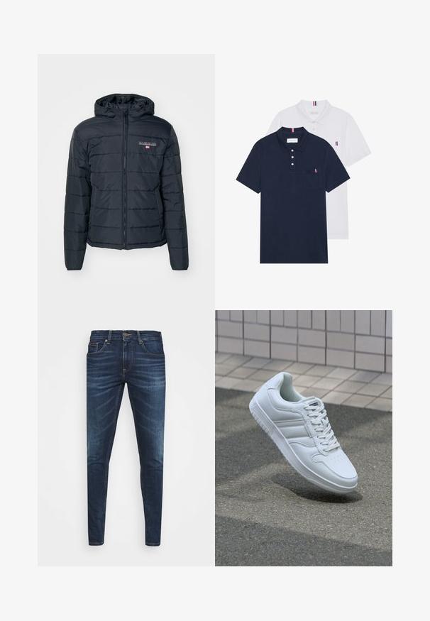 Tamsiai pilkas pūkinis švarkas su užtrauktuku priekyje, gobtuvu, elastingomis rankogaliais ir siuvinėtu raštu. Logotipo detalės kairėje krūtinės pusėje. Lengvas audinys.; Du keturių marškiniai: vienas tamsiai mėlynas ir vienas baltas, abu su mažais raudonais, baltais ir mėlynais akcentais ant krūtinės kišenės ir apykaklės.; Tamsiai mėlynos džinsinės kelnės su liesu siluetu, subtiliu nusidėvėjimu, penkiomis kišenėmis ir metaliniu mygtuku užsegimui. Įsiūtos akcentai kontrastinga spalva.; Baltos sportinės kedai su lygaus odos viršumi, raišteliais priekyje, perforuotu kojų pirštu ir raštuotu padu. Minimalistinis dizainas su trimis šoninėmis juostelėmis.