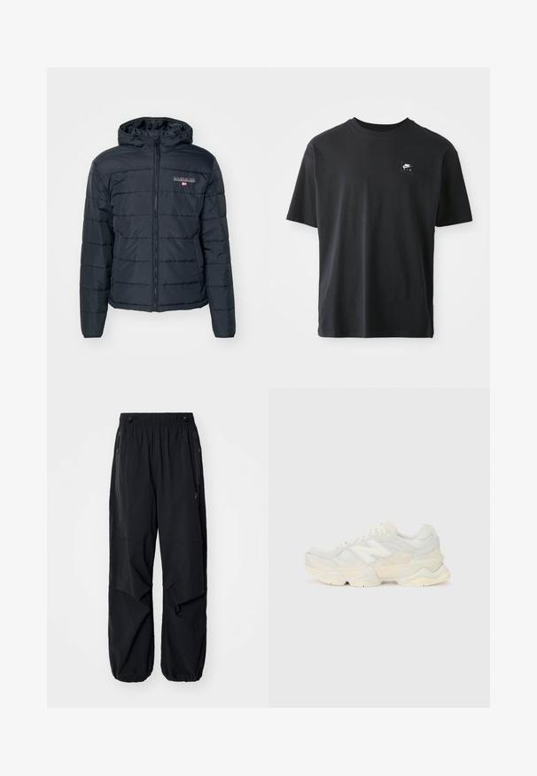 Dark gray puffer jacket with a zip front, hood, elastic cuffs, and a quilted design. Logo details on the left chest area. Lightweight material.; Black cotton t-shirt with short sleeves, crew neck, featuring a small rectangular logo with "NIKE AIR" in white on the left chest.; Black lightweight cargo pants with an elastic waistband, side zippers, and spacious pockets. Features a loose fit and tapered cuffs.; Lightweight sneaker featuring a mesh and suede upper in soft cream tones, with a chunky sole and three-dimensional accents.