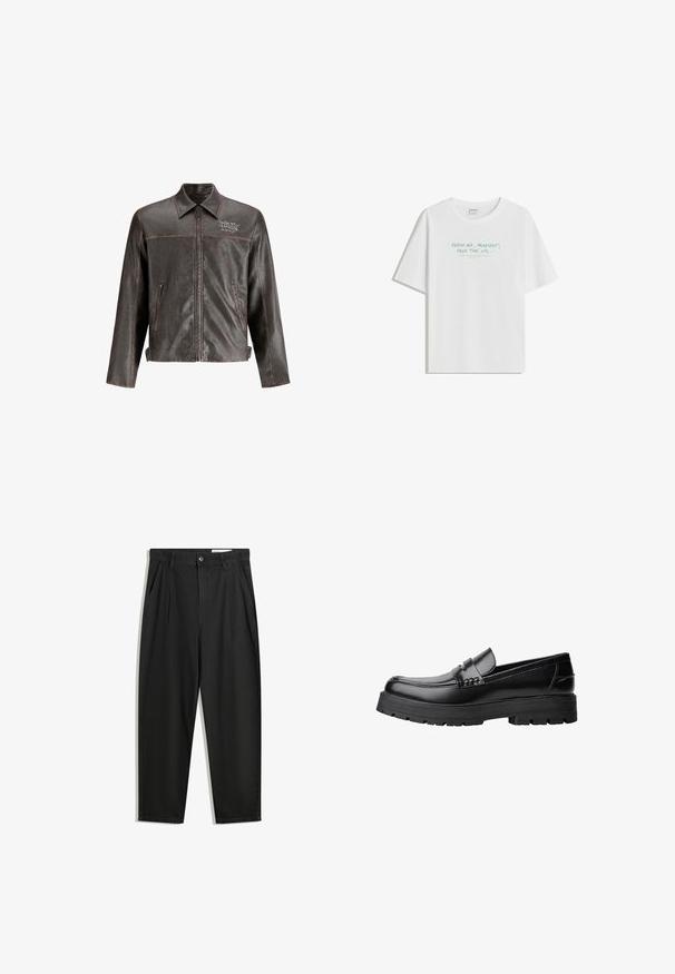 Giacca di pelle marrone con colletto, zip frontale e due tasche laterali. Presenta cuciture a contrasto e ricamo "DON'T HARD" sul petto.; T-shirt bianco in cotone con vestibilità comoda, collo rotondo e testo verde chiaro: "ARIA FRESCA, PLAYLIST, TEMPO LIBERO, ecc..." sul fronte.; Pantaloni in cotone neri con una vestibilità rilassata, dotati di una vita classica, pieghe frontali e tasche laterali. Tessuto liscio senza fantasie.; Mocassino in pelle nera con suola spessa e tassellata e fascia decorativa sulla parte superiore, mostrato in profilo sinistro su sfondo bianco.