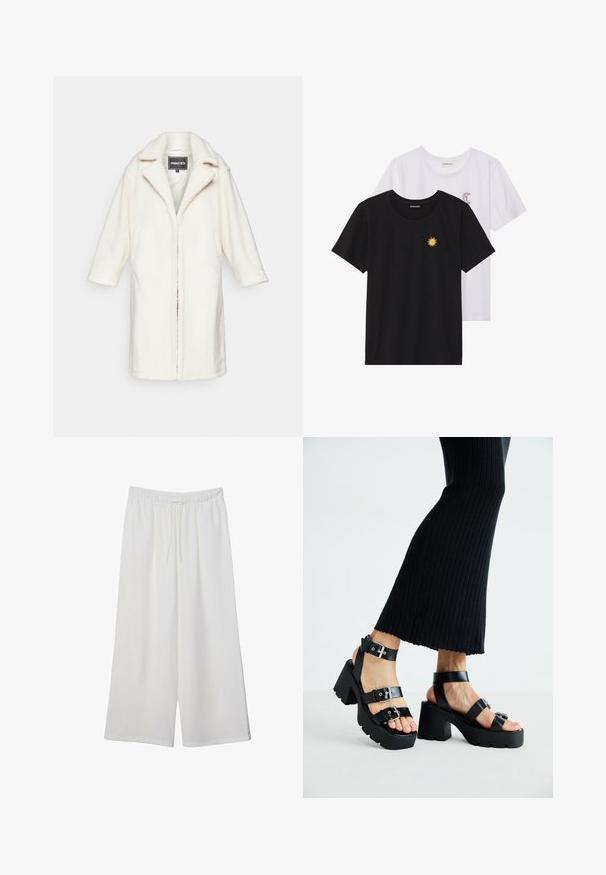 Cappotto bianco in peluche con una vestibilità rilassata, colletto a punta e maniche a tre quarti. Fodera interna liscia e senza chiusure visibili.; T-shirt in bianco e nero, girocollo, maniche corte. La maglietta nera presenta un ricamo di sole giallo; quella bianca ha un accento di luna crescente viola.; Pantaloni bianchi a gamba larga realizzati in tessuto leggero, dotati di una vita elastica e di un cordino per una vestibilità regolabile. Texture liscia.; Sandali neri con piattaforma, suole chunky e tassellate, dotati di molteplici cinturini, con fibbie in metallo e un texture simile alla pelle liscia.
