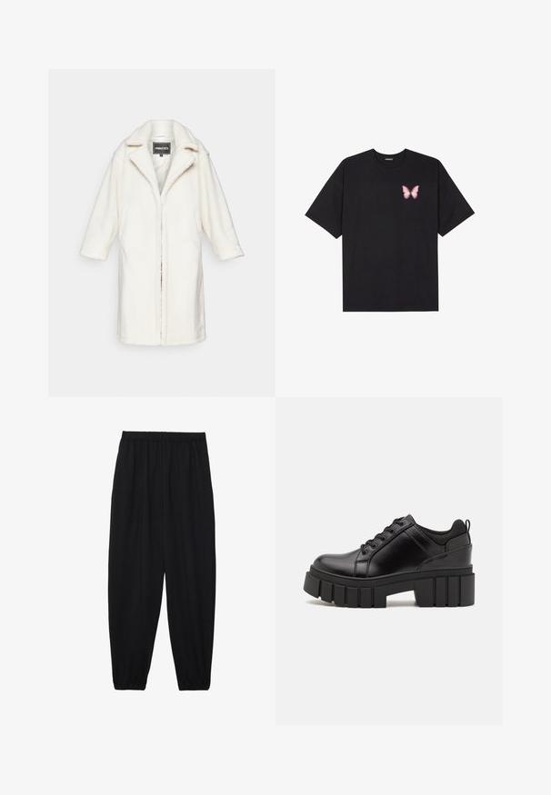 Hvit plysjakke med en avslappet passform, notched krage og trekvartlange ermer. Glatt innerfôr og ingen synlige lukkinger.; Svart bomulls T-skjorte med korte ermer, med en liten rosa sommerfugl grafikk på venstre bryst. Crew-neck design med en avslappet passform.; Svarte, lette bukser med elastisk liv og rynkede ankler. Stoffet er glatt og har en avslappet, innsvingt design.; Svarte lærplattformsko med kraftig blokkhell, rund tå og tradisjonell snøring. Har en jevn tekstur og minimal detaljering.