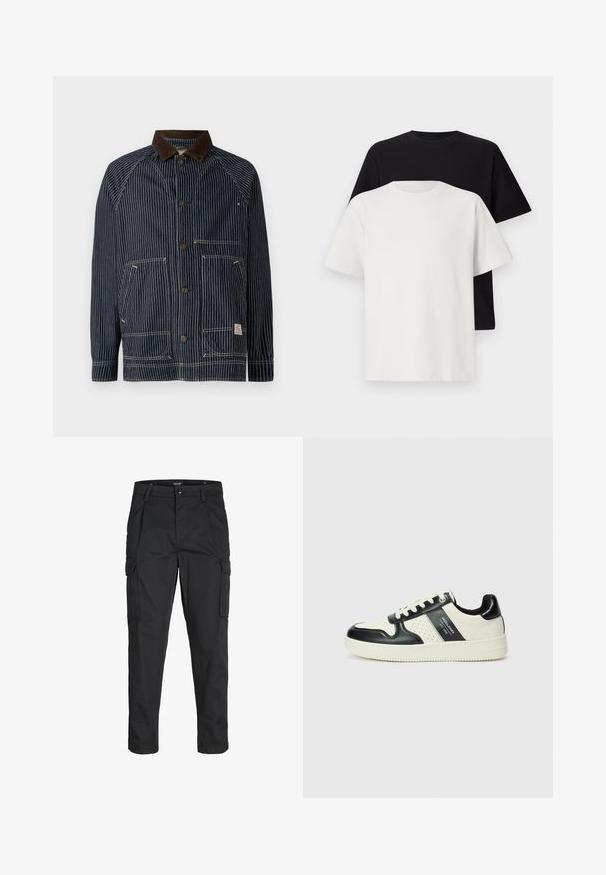 Vojska prugasta radna jakna s smeškim kadrom od kordura, s dva prednja džepa i zakovice, izrađena od izdržljivog materijala.; Set pamučnih majica koji uključuje crnu i bijelu majicu, obje s kratkim rukavima, okruglim izrezom i klasičnim krojem. Tekstura tkanine.; Crne cargo hlače izrađene od čvrstog materijala, s brojnim džepovima, kopčanjem na gumb i dizajnom koji pomaže da se prilagode tijelu sa suženim nogavicama.; Kožne tenisice s crno-bijelom paletom boja, koje imaju perforirane akcentne detalje, podstavljeni ovratnik i teksturiranu potplat.
