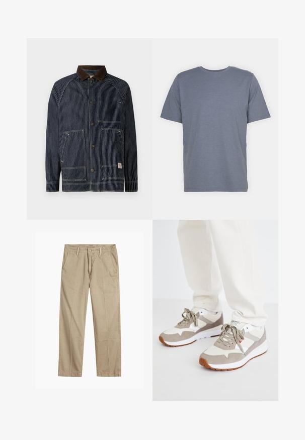 Jūrininkų juostelėmis dekoruota darbo striukė su rudomis velveto apykaklėmis, turinti dvi priekines kišenes ir sagų uždarymą, pagaminta iš tvirtos medžiagos.; Pilkas trumpas rankovėmis marškinėliai su apvaliu kaklu, pagaminti iš švelnaus medvilnės mišinio. Paprastas dizainas, be raštų ar akcentų.; Bežiniai tiesaus kirpimo chinos kelnės su diržo kilputėmis, priekyje esančia mygtuko ir užtrauktuko uždarymo sistema, bei šoninėmis kišenėmis.; Beigi ir pilki sportbačiai, pagaminti iš zomšos ir tinklinės medžiagos. Įrengtas baltas vidurinis padas ir guminis padas. Standartinis raištelių dizainas.