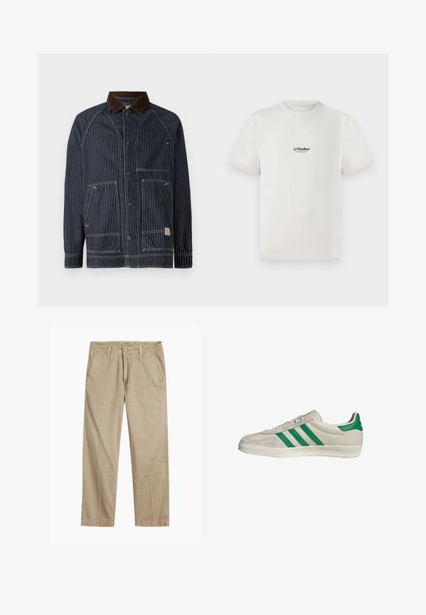Giacca da lavoro a strisce blu navy con colletto in corduroy marrone, dotata di due tasche frontali e chiusure a bottone, realizzata in un tessuto resistente.; T-shirt bianco in cotone con maniche corte, caratterizzato da un logo nero "JJ Studios" sul petto. Design con colletto tondo e vestibilità standard.; Chinos beige a gamba dritta con passanti per cintura, chiusura frontale a bottone e zip, e tasche laterali inclinati.; Sneaker beige con strisce verdi, con suola bianca e tomaia in pelle liscia. Vista laterale che evidenzia i dettagli dei lacci e il logo.