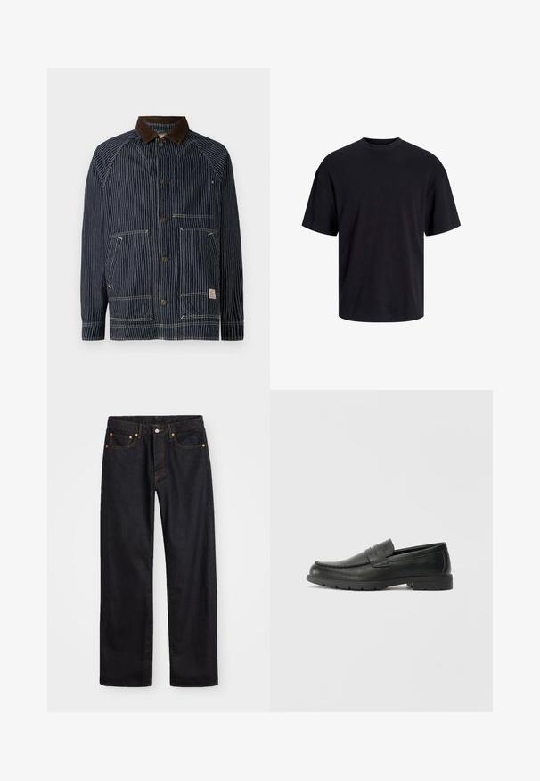 Marine-stripet arbeidsjakke med brun cordfløyelskrage, som har to frontlommer og knappelukkinger, laget av slitesterkt stoff.; Svart bomull t-skjorte med rund hals, korte ermer og en avslappet passform. Glatt tekstur uten synlige mønstre eller detaljer.; Men's straight-leg svarte denim jeans med fem lommer og oransje søm, knapp og glidelås lukking foran på midjen.; Svart skinnloafers med glatt finish, mokkasin-stil overdel, broderte detaljer og gummisåle. Klassisk design med lav hæl.