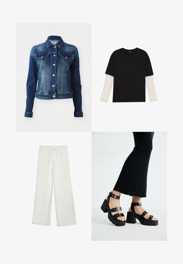Giacca di jeans blu scuro con una finitura sbiadita. Presenta due tasche sul petto, bottoni argentati e un colletto classico. Tessuto con texture.; T-shirt nera in cotone con maniche corte sopra un sotto manica lunga bianca, caratterizzata da una sottile texture. Design con scollo rotondo.; Pantaloni bianchi a gamba larga realizzati in un tessuto morbido. Presentano un elastico in vita con cordino e una consistenza liscia. Senza motivi visibili o accessori.; Sandali neri con piattaforma, suole chunky e tassellate, dotati di molteplici cinturini, con fibbie in metallo e un texture simile alla pelle liscia.