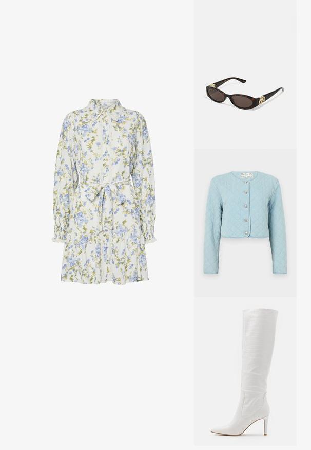 Giacca cropped trapuntata azzurra chiaro con maniche lunghe, dotata di scollatura rotonda e cinque bottoni lucidi di chiusura sul davanti.; Vestito floreale bianco con fiori blu e verdi, caratterizzato da un colletto, apertura frontale con bottoni, maniche lunghe con polsini elastici e una cintura in vita.; RAID TRIBUTE - Stivali con i tacchi - white; Occhiali da sole tartarugati con lenti ovali allungate, tonalità marrone, accenti dorati con logo sulle tempie e aste nere eleganti.; Borsa a tracolla beige con un motivo stampato, forma curvata, dettagli in pelle e un logo dorato sul davanti. Presenta una maniglia corta per un facile trasporto.; Collana di perle e cristalli con un design rotondo a perline in tonalità tenui, caratterizzata da perle alternate e accenti scintillanti, indossata attorno al collo.