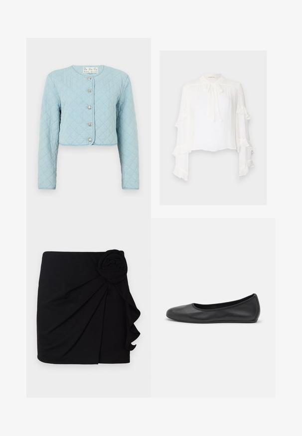 Veste courte en denim bleu clair matelassée avec des manches longues, dotée d'un col rond et de cinq boutons brillants à l'avant.; Blouse blanche à manches longues évasées avec des bords ondulés. Col montant avec un détail à nouer et tissu léger et texturé.; Jupe mini noire en tissu doux avec un design plissé. Présente un accent en forme de rose en tissu sur le côté et un ourlet à volants.; Ballerines en cuir noir avec un bout rond, texture lisse, détails de couture minimalistes et design de semelle flexible.