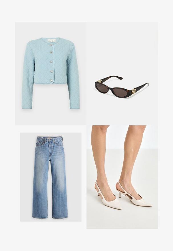 Light blue quilted cropped jacket with long sleeves, featuring round neckline and five shiny button fastenings at the front.; White button-up shirt made of smooth cotton with a classic collar, featuring a straight hem and beige buttons along the front.; Light blue denim wide-leg jeans with a high waist, faded areas, five pockets, and contrast stitching. Classic button and zipper closure.; Beige patent leather slingback heels with a pointed toe and 5 cm heel, featuring cut-out sides and a thin ankle strap.; Tortoiseshell sunglasses with elongated oval lenses, brown tint, gold logo accents on temples, and sleek black arms.; Black tote bag made from fabric, featuring a prominent embossed logo in a circular design. Smooth texture with contrasting leather accents.
