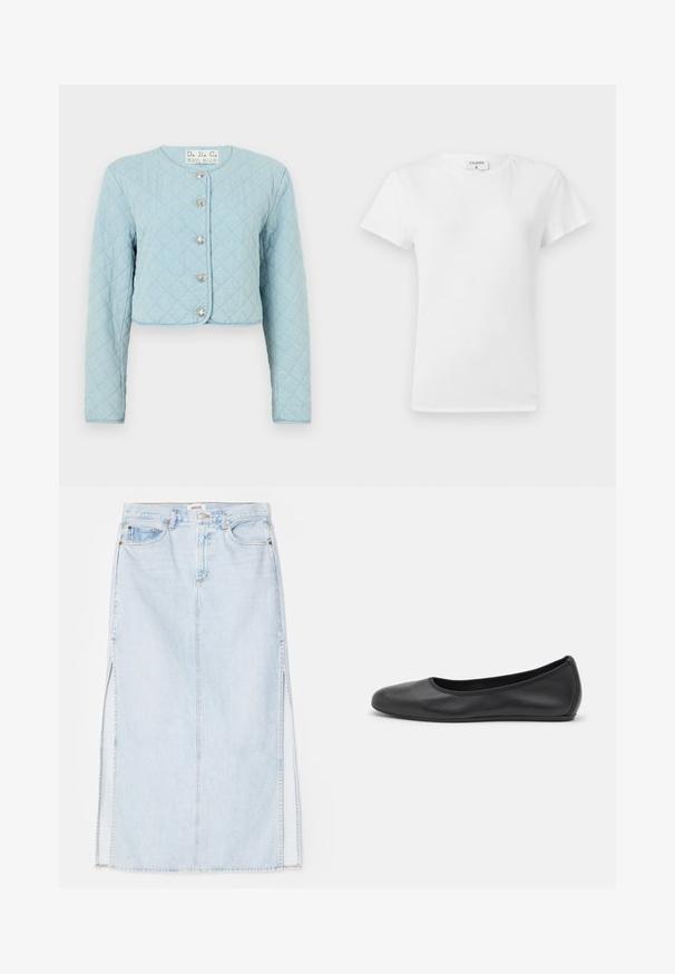 Világoskék steppelt, rövidített dzseki hosszú ujjal, kerek nyakkivágással és öt fényes gombbal az elején.; Fehér pamut póló kerek nyakkivágással és rövid ujjal, laza fazonban és minimalista dizájnnal. A címke látható a nyakán.; Világoskék farmer maxi szoknya egyenes szabással, oldalsó hasítékokkal és öt zsebes kialakítással. Kiemelkedő varrás és fém gombos zárás.; Fekete bőr balettcipő lekerekített orral, sima tekstúrával, minimális varrással és rugalmas talp kialakítással.