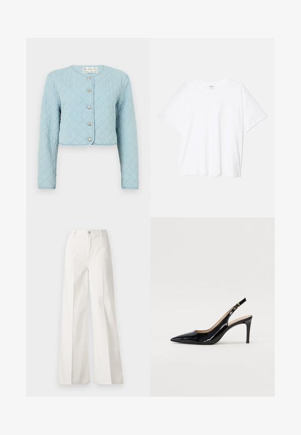 Light blue quilted cropped jacket with long sleeves, featuring round neckline and five shiny button fastenings at the front.; White cotton t-shirt with short sleeves, round neckline, relaxed fit, and stitched hem. Label visible on the inside neck.; White wide-leg trousers made from cotton with a smooth texture. Features a front button, zipper fly, and four-pocket design.; Black patent leather slingback pump with pointed toe, slim heel, and a subtle cutout design. Features a gold buckle on the strap.