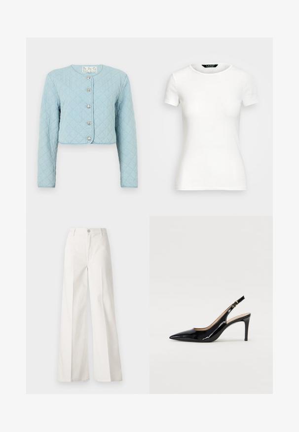 Vaaleansininen tikattu lyhyt takki pitkillä hihoilla, jossa on pyöreä pääntie ja viisi kiiltävää napinläpeä edessä.; Valkoinen puuvilla T-paita, jossa on lyhyet hihat, pyöreä kaula-aukko, vartaloa myötäilevä malli ja sileä rakenne. Logotagi kaula-aukossa.; Valkoiset leveälahkeiset housut, jotka on valmistettu puuvillasta ja joissa on sileä rakenne. Ominaisuuksiin kuuluvat etupainike, vetoketjuluukku ja neljän taskun muotoilu.; Musta lakattu nahkainen slingback-korkokenkä, jossa on terävä kärki, kapea korko ja hillitty leikkaussuunnittelu. Varressa on kultainen solki.