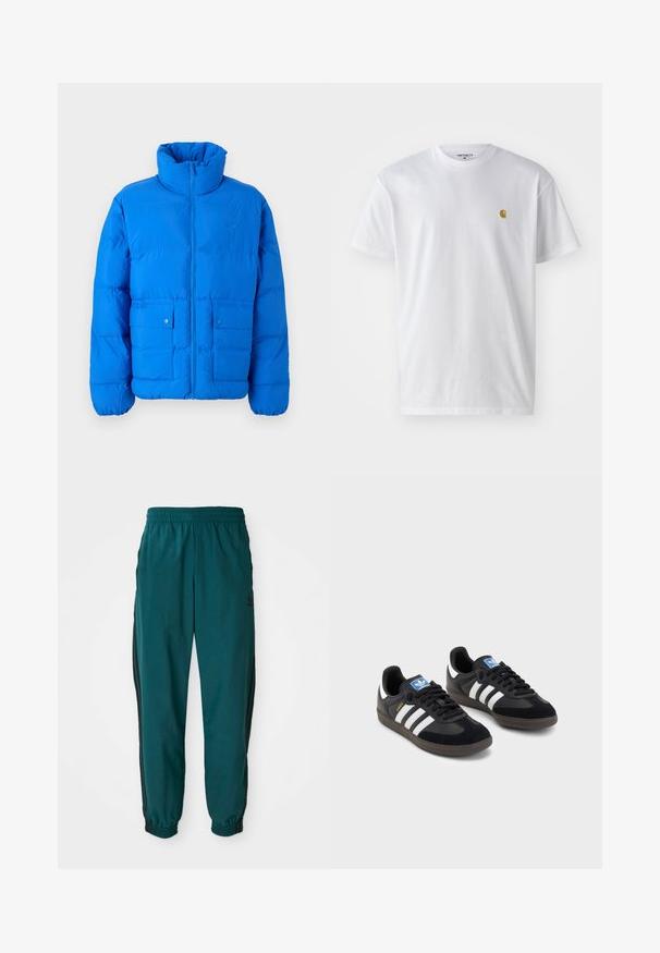 Μπλε φουσκωτό μπουφάν με ψηλό γιακά, μπροστινό κλείσιμο με φερμουάρ και δύο τσέπες με κουμπιά. Διαθέτει επαυξημένη υφή και ελαστικά μανίκια.; Λευκό βαμβακερό T-shirt με κοντά μανίκια, κλασική λαιμόκοψη, που διαθέτει ένα μικρό χρυσό λογότυπο στην αριστερή περιοχή του στήθους. Μαλακή υφή και κανονική εφαρμογή.; Τιρκουάζ αθλητικά παντελόνια με ζωνάκι προσαρμογής, ελαστικούς μανσέτες και μαύρες ρίγες στα πλάγια. Φτιαγμένα από ελαφρύ ύφασμα, με λογότυπο κοντά στο ισχίο.; Μαύρα αθλητικά παπούτσια με επάνω μέρος από σουέτ και συνθετικό υλικό, με τρεις λευκές ρίγες, υφασμάτινη σόλα από καουτσούκ και μπλε ταυτότητα λογότυπου στη γλώσσα.