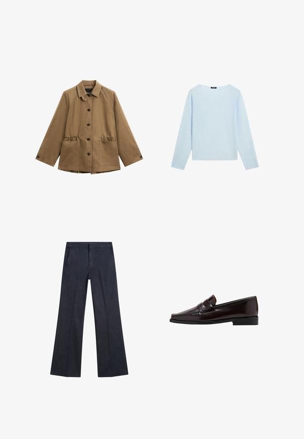 Giubbotto leggero marrone con colletto classico, chiusura frontale con bottoni e due ampie tasche applicate. Presenta una vestibilità rilassata e un tessuto testurizzato.; Maglione azzurro chiaro a maniche lunghe con scollo a barca largo e orlo dritto, esposto su uno sfondo bianco.; Pantaloni a gamba larga in denim blu scuro con tasche frontali, una consistenza liscia e una vita piatta. Presentano pieghe sartoriali sulle gambe.; Mocassino in pelle marrone con punta in stile mocassino, cuciture elevate lungo l'assottigliamento e suola nera in gomma bassa. Finitura liscia e lucida.