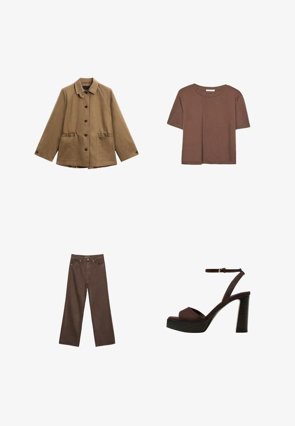 Brun, let jakke med klassisk krave, frontknaplukning og to store påsatte lommer. Har en afslappet pasform og tekstureret stof.; Brun kortærmet t-shirt lavet af blødt stof, med rund halsudskæring og afslappet pasform. Ingen synlige mønstre eller detaljer.; Bredde ben brun denim jeans med høj talje, forlommer og klassisk knaplukning. Glat tekstur med diskret syninger.; Brune ruskinds højhælede sandal med åben tå, justerbar ankelrem og en stribet plade sål.
