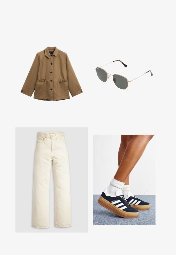 Hnědá, lehká bunda s klasickým límcem, zapínáním na knoflíky vpředu a dvěma velkými náprsními kapsami. Disponuje uvolněným střihem a texturovaným materiálem.; Bílý dlouhý rukávový top s širokým výstřihem, bočními rozparky a hladkým, lehkým materiálem, který má jednoduchý, minimalistický design.; Džíny s širokými nohavicemi z béžového denimu, s vysokým pasem, měděnými nýty a klasickým pětipoklopovým designem. Texturovaná látka s čistými lemy.; Černé semišové tenisky s bílými pruhy a detaily, zaoblenou špičkou, podrážkou z gumy barvy žvýkačky, doplněné bílými žebrovanými ponožkami ke kotníkům.; Sluneční brýle s kovovým zlatým rámem a tmavě zelenými skly, styl aviatorek, s úzkými obroučkami a želvovinovými akcenty na špičkách.