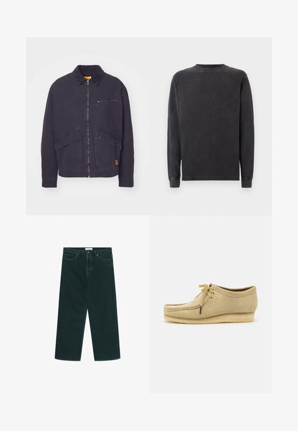 Tume tumesinine jakk, millel on sametkaelus, ees lukuga sulgemine ja kaks suurt plaastri taskut. Selles on ka lukuga rinnatasku ja õrn bränding.; Tumehall pikka varrukaga crewneck sviiter, valmistatud pehmest puuvillasegust. Omab soonikuid mansette ja kaelust ning sileda, kergelt tekstureeritud viimistluse.; Tumed roheline laia säärega denimpüksid, millel on nööbid ja lukud, esi taskud ja vöökohakohad, laotatuna valgele taustale.; Bež nubukist kingad, millel on paelad, õmblustega detailid ja kummist tald. Kujundus on lihtne, kergelt kallakuga kannaga.