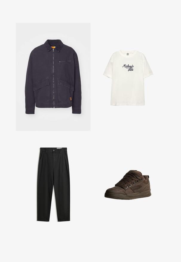 Jachetă de culoare navy închis, cu guler din fâșie, închidere cu fermoar în față și două buzunare mari aplicate. Include un buzunar pe piept cu fermoar și o marcaj subtil.; Tricou din bumbac alb, cu mâneci scurte. Prezintă text brodat de culoare albastru închis "Mickey's" și un grafic cu pizza. Guler simplu de tip crew.; Pantaloni negri din bumbac cu croială lejeră, având un brâu clasic, plii frontale și buzunare laterale. Textură netedă fără modele.; Pantofi sport maro din material sintetic neted. Prezintă șireturi groase, accente din plasă, guler căptușit și talpă din cauciuc texturat.