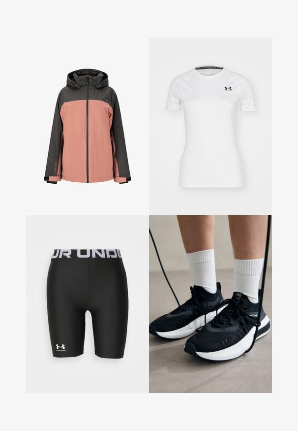 Wodoodporna kurtka z szaro-różowym wzorem w blokach kolorystycznych. Posiada kaptur, zamek błyskawiczny z przodu oraz regulowane mankiety. Wykonana z gładkiego, trwałego materiału.; Biała, krótko rękawowa koszulka sportowa wykonana z gładkiego materiału, z czarnym logo Under Armour na górnej lewej części klatki piersiowej oraz okrągłym dekoltem.; Czarne sportowe szorty o dopasowanym kroju, wykonane z gładkiego materiału. Posiadają szeroki elastyczny pas ze tekstem i logo "UNDER ARMOUR".; Czarne buty sportowe z teksturowanym materiałem, białą podeszwą i czarnymi sznurowadłami. Nosi je osoba w białych skarpetkach w prążki, stojąca na jasnej powierzchni.