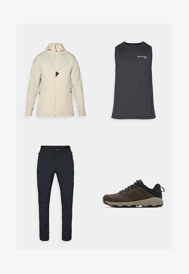 Veste beige légère avec manches longues, fermeture éclair, capuche ajustable et un accent triangulaire noir sur la poitrine. Comprend des poches latérales avec fermeture éclair.; Débardeur de sport sans manches gris foncé en tissu texturé, avec un col rond et un petit logo sur le devant.; Pantalons d'extérieur noirs avec une coupe droite, dotés de poches zippées, de passants de ceinture et d'une texture de tissu légère et durable.; Baskets imperméables marron avec une tige texturée, des accents perforés, un support de talon noir et une semelle en caoutchouc grise. Les lacets sont ornés d'embouts métalliques.