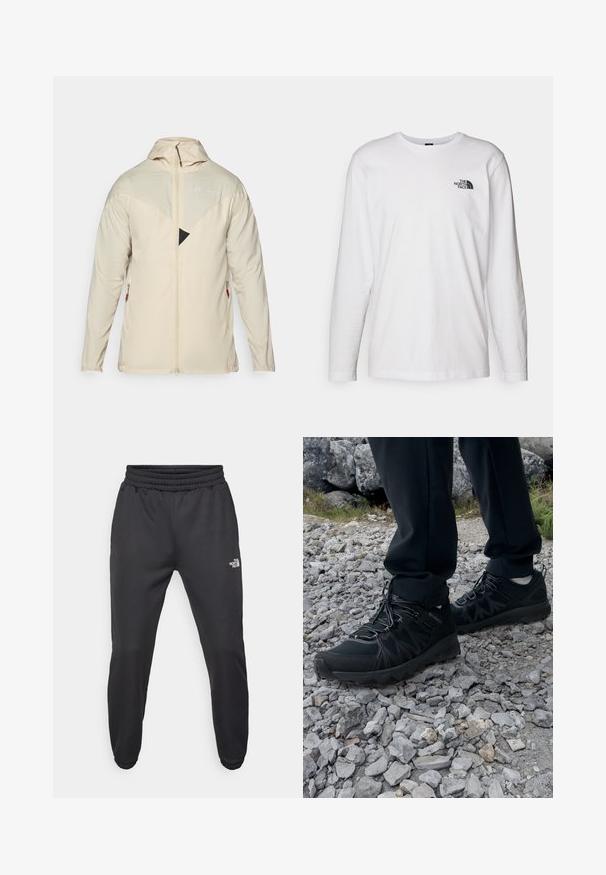 Beige, leichte Jacke mit langen Ärmeln, Reißverschluss, verstellbarer Kapuze und einem dreieckigen schwarzen Akzent auf der Brust. Verfügt über seitliche Reißverschlusstaschen.; Weißes langärmliges T-Shirt aus Baumwolle mit Rundhalsausschnitt. Verfügt über ein kleines schwarzes Logo auf der Brust. Glatte Textur, reguläre Passform.; Schwarze Jogginghose mit verstellbarem Bund, schlanker Passform, elastischen Bündchen und einem kleinen weißen Logo am linken Oberschenkel, hergestellt aus glattem Stoff.; Schwarze Outdoor-Schuhe aus Mesh und synthetischem Material, mit einer strukturierten Oberseite, gesichertem Schnürsystem und griffiger Laufsohle, auf felsigem Gelände.