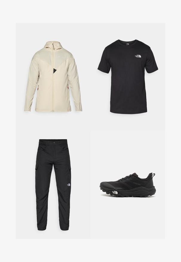 Beige, lätt jacka med långa ärmar, dragkedjestängning, justerbar huva och en triangelformad svart accent på bröstet. Har sidofickor med dragkedja.; Svart t-shirt med kort ärm gjord av bomull, med rund halsringning och en liten vit logotyp på övre vänstra bröstområdet.; The North Face HORIZON PANT - Friluftsbyxor - black; Svart terränglöparsko med en strukturerad ovandel, gummisula och förstärkt tåhätta. Har en vadderad krage och en dragflik för enkel påtagning.
