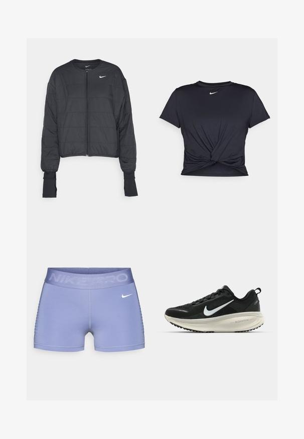 Veste matelassée noire courte avec un col haut, une fermeture éclair à l'avant et des manches longues. Présente une texture matelassée et un petit logo blanc sur la poitrine.; T-shirt de sport noir en tissu lisse, avec un design avant noué et un petit logo Nike blanc sur la poitrine.; Shorts de compression Nike Pro en violet clair, avec une large ceinture comportant le texte "NIKE PRO", une texture lisse et des accents latéraux à motifs.; Baskets de course noir Nike avec tige respirante en mesh, logo swoosh blanc, détails texturés et semelle intermédiaire ZoomX de couleur crème.