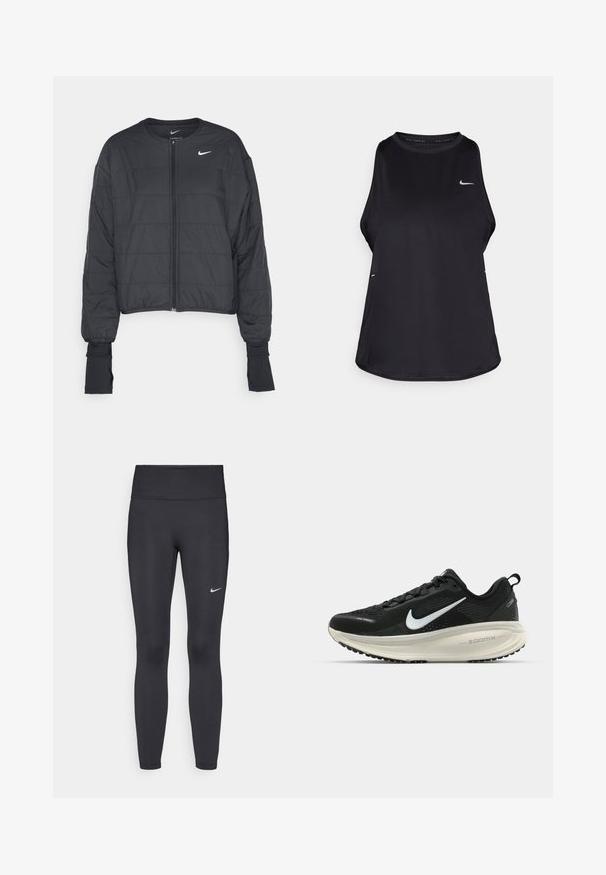 Veste matelassée noire courte avec un col haut, une fermeture éclair à l'avant et des manches longues. Présente une texture matelassée et un petit logo blanc sur la poitrine.; Débardeur de course sans manches noir, fabriqué dans un matériau léger, avec un col rond ; présente un logo discret et des fentes sur les côtés pour une meilleure respirabilité.; Leggings noirs en tissu extensible, dotés d'une taille haute et d'un logo Nike blanc sur la cuisse gauche. Texture lisse, design ajusté.; Baskets de course noir Nike avec tige respirante en mesh, logo swoosh blanc, détails texturés et semelle intermédiaire ZoomX de couleur crème.
