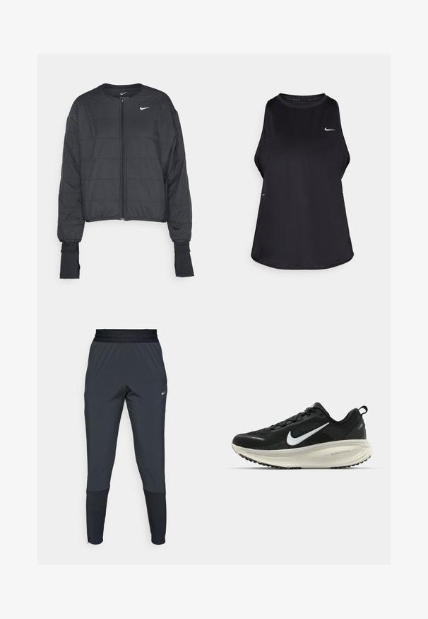 Melna apgriezta pūkainā jaka ar augstu apkakli, priekšējo rāvējslēdzēju un garām piedurknēm. Iezīmējas ar izšūtu tekstūru un mazu baltu logotipu uz krūšu.; Melna bezruku skriešanas kreklu, kas izgatavots no viegla materiāla ar apaļu kakla izgriezumu; tam ir diskrēta logo un sānu šķirbes gaisa caurlaidībai.; Nike sporta bikses tumšā pelēkā krāsā, ar šauru kāju dizainu, elastīgu jostasvietu un akcentu detaļām pie apakšmalām.; Melnas Nike skriešanas kurpes ar elpojošu acs augšdaļu, baltu Swoosh logotipu, strukturētu apdari un krēmkrāsas ZoomX starpsole.