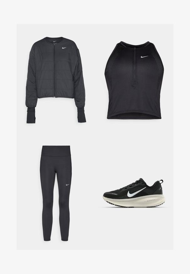 Svart avkortet pufferjakke med høy krage, frontglidelås og lange ermer. Har quiltet tekstur og en liten hvit logo på brystet.; Svart idretts crop top med glidelås foran, mesh-detaljer og en figurvennlig design. Laget av elastisk, pustende materiale. Nike-logo på forsiden.; Sorte leggings laget av elastisk stoff, med høy livlinje og en hvit Nike-logo på venstre lår. Glatt tekstur, kroppsnær passform.; Svart Nike løpesko med pustende mesh-overdel, hvit swoosh-logo, teksturert detaljer og en kremfarget ZoomX mellomsåle.