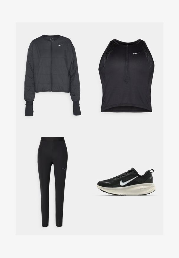 Black cropped puffer jacket with a high collar, front zipper, and long sleeves. Features quilted texture and a small white logo on the chest.; Black athletic crop top with a zip-front, mesh accents, and a fitted design. Made from stretchy, breathable fabric. Nike logo on front.; Black athletic pants made from stretchy fabric, featuring a fitted design, elastic waistband, and a subtle logo detail near the hip.; Black Nike running shoe with breathable mesh upper, white swoosh logo, textured detailing, and a cream-colored ZoomX midsole.
