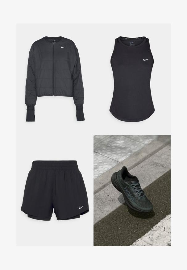 Black cropped puffer jacket with a high collar, front zipper, and long sleeves. Features quilted texture and a small white logo on the chest.; Black athletic tank top made from moisture-wicking material. Features a round neckline, slim fit, and white Nike logo on the chest.; Black athletic shorts with a gathered elastic waistband, inner lining, and white Nike logo on the lower left side. Smooth, lightweight fabric.; Black running shoe with mesh upper, textured accents, and logo, featuring a cushioned sole and gray laces, positioned on pavement.