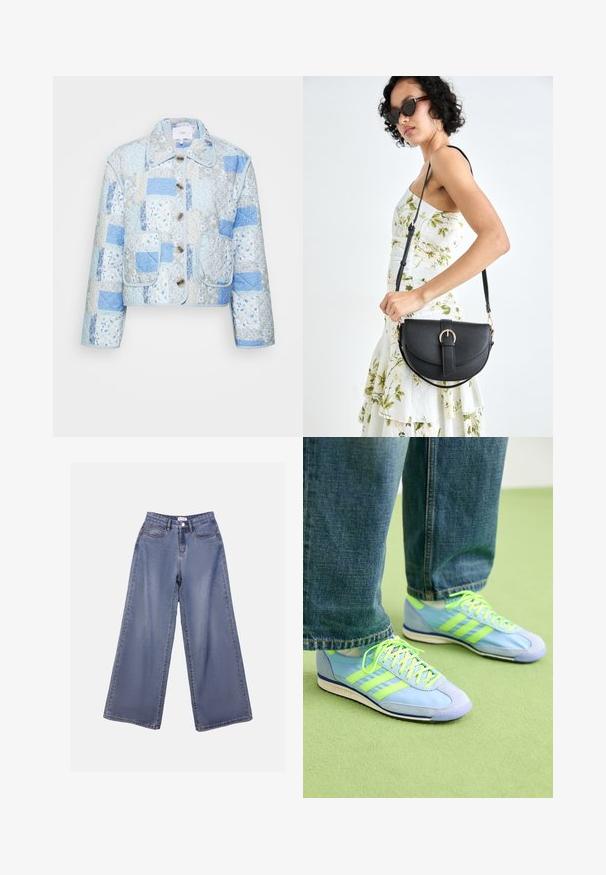 YAS LELOU PADDED JACKET - Jachetă subțire - blue; Pulover scurt din stofă crem, cu guler înalt, închidere cu fermoar pe jumătate, elastic la margini și la manșete, cu o textură netedă și un design minimalist.; Jeans din denim cu picioare largi într-o nuanță de albastru deschis, având talie înaltă, buzunare frontale și închidere cu nasture și bucle pentru curea.; Pantofi sport de culoare albastru deschis cu accente verzi, din material din piele întoarsă și sintetic, având trei dungi și o talpă texturată. Asortați cu pantaloni din denim lejeri.; Geantă din piele neagră, cu o formă curbată, curea detașabilă și accesorii aurii. Geanta are un capac cu un detaliu tip cataramă.