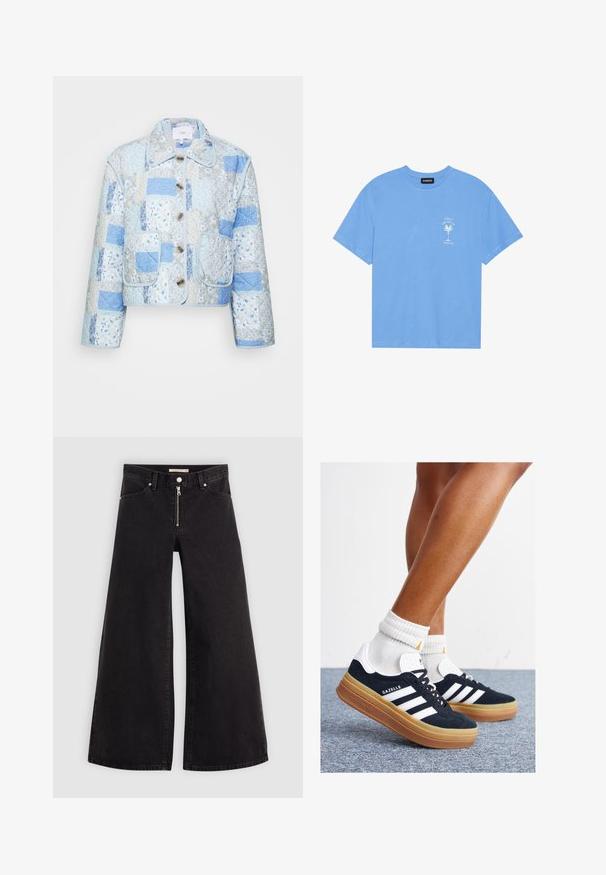 YAS LELOU PADDED JACKET - Lett jakke - blue; Lys blå bomull t-skjorte med rund hals. Har et hvitt grafisk motiv av et palmetre og tekst på venstre brystområde. Korte ermer.; Vide benbukser i sort denim med glidelås i front, fem-lomme design og subtile sømdetaljer. Glatt tekstur og avslappet stil.; Svarte sneakers i semsket skinn med hvite striper og detaljer, rund tå, yttersåle i gummigummi, kombinert med hvite ribbestrikkede crew-sokker.