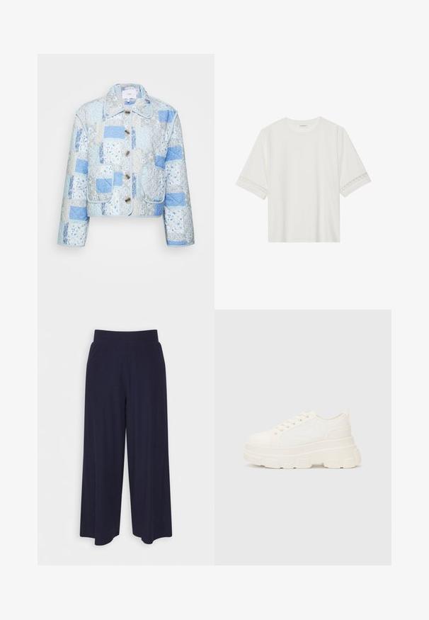 YAS LELOU PADDED JACKET - Lett jakke - blue; Hvit t-skjorte med kort erme laget av bomull, med dekorativ blondekant langs ermene og en rund halslinning.; Bredde bukser i mørk marineblå stoff med ribbet tekstur. Har en glatt midje og en luftig silhuett, som når midt på leggen.; Hvit kanvas sneakers med chunky såle, avrundet tå og fem hull for snøringer. Bakre tab for enkel påkledning. Glatt tekstur, minimalistisk design.