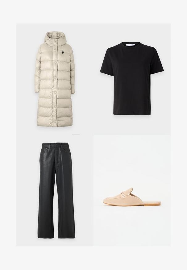 Blauer BELLEVUE - Zimní kabát - beige interno celeste brina; Černé tričko s krátkým rukávem vyrobené z měkké bavlny, s kulatým výstřihem, volným střihem a hladkým povrchem. Žádné viditelné vzory ani grafika.; Černé kalhoty širokého střihu vyrobené z lesklého materiálu. Mají zapínání na knoflík, poutka na opasek a přední kapsy se hladkým povrchem.; Béžové semišové slip-on mokasíny se uzavřenou špičkou, se zdobným detailem přezky a plochou korkovou podrážkou. Hladká textura s minimálním designem.