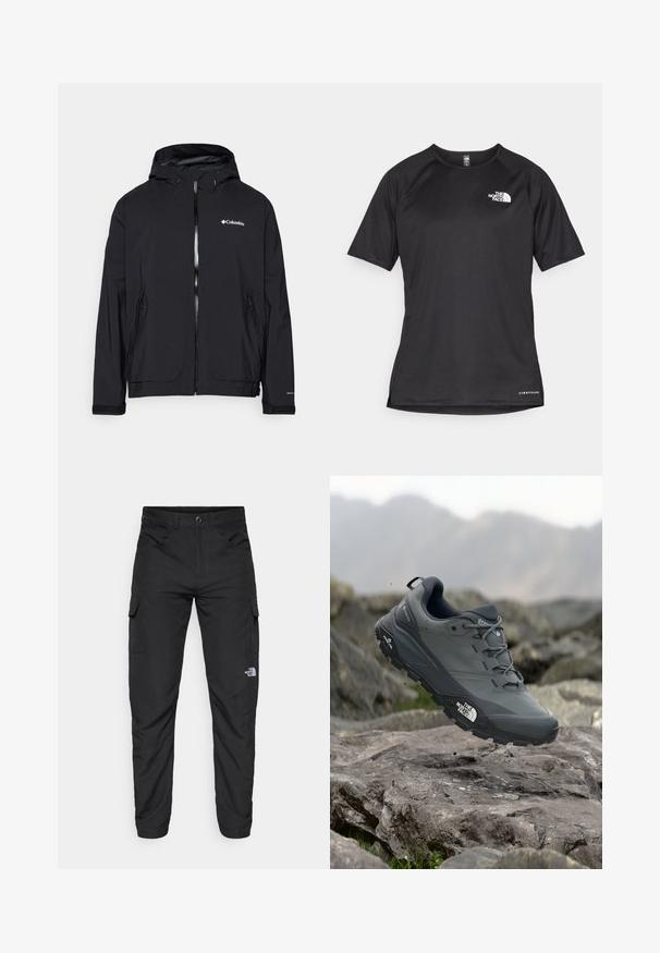 Columbia ALTBOUND™ JACKET - Softshelljacke - black; Schwarzes kurzärmliges Sportshirt aus strukturiertem Stoff, mit einem weißen Logo auf der linken Brust und einem geraden Saum.; The North Face HORIZON PANT - Outdoor-Hose - black; Grau Trailrunning-Schuh mit einer strukturierten Oberseite, haltbarer Gummisohle und verstärkter Zehenkappe. Verfügt über Schnürsenkel und ein Markenlogo an der Seite.