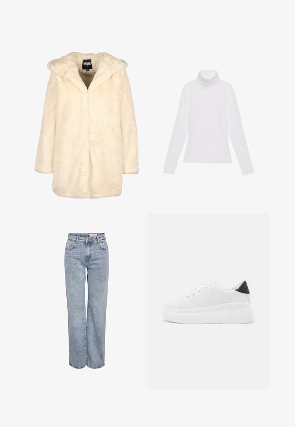 Krémový kabát z umělé kožešiny s kapucí, disponující volným střihem, dlouhými rukávy a skrytým předním zapínáním pro minimální linie. Měkká textura.; Bílý dlouhý rukáv rolák vyrobený z hladkého, elastického materiálu. Má vysoký límec a přiléhavý střih, bez viditelných vzorů nebo ozdob.; Světle modré široké džíny vyrobené z denimové tkaniny, s vysokým pasem, designem se šesti kapsami a jemným zesvětlením pro opotřebovaný vzhled.; Bílé platformové tenisky vyrobené z hladkého syntetického materiálu, s kulatou špičkou, šněrováním a texturovanou gumovou podrážkou. Černý akcent na patě.