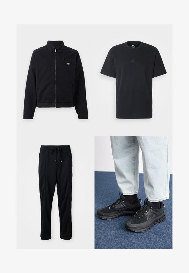 Chaqueta negra de algodón con cremallera frontal, cuello puntiagudo y un bolsillo en el pecho. Presenta un logo en el lado izquierdo cerca del bolsillo.; Camiseta negra de algodón de Nike con un clásico cuello redondo, mangas cortas y un sutil logo en relieve en el pecho. Textura suave.; Pantalones casuales negros con cordón en la cintura, con bolsillos laterales y corte de pierna recta sobre un fondo liso.; Zapatillas deportivas negras con tejido texturizado y suelas de goma, con cordones elásticos y un acento azul en el talón. Combinadas con pantalones de mezclilla claros.