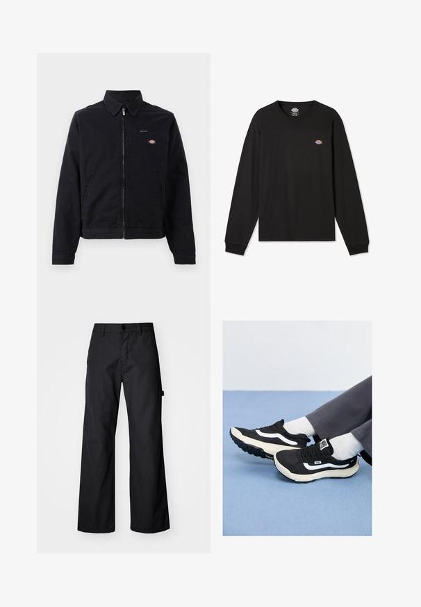 Černá bunda z bavlny se zipem vpředu, špičatým límcem a jednou náprsní kapsou. Na levé straně blízko kapsy se nachází logo.; Černé tričko s dlouhým rukávem z bavlny, které má malé vícebarevné logo Dickies na levé straně hrudi a žebrované manžety.; Černé široké kalhoty vyrobené z odolné tkaniny. Obsahují zapínání na knoflík a boční kapsy. Hladký povrch s jednoduchým designem.; Černé tenisky s bílými akcenty, síťovinou a gumovými materiály, s texturovanou podrážkou a poutkem na patě. Nosí se s bílými ponožkami a šedými kalhotami.