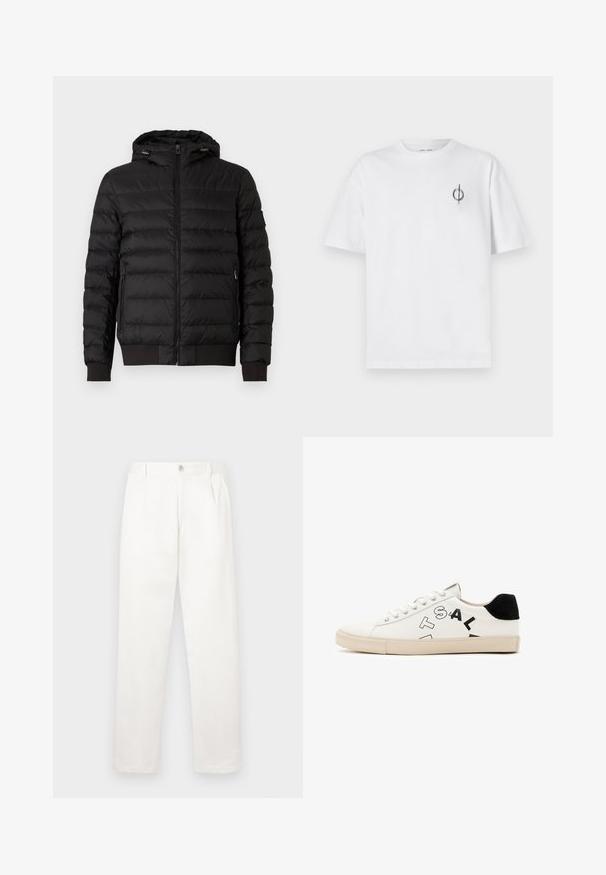 Čierna prešívaná šušťáková bunda s kapucňou, plný predný zips, zipsové bočné vrecká a rebrované manžety a spodný lem.; Biela bavlnená tričko s voľným strihom, s malým čiernym grafickým logom na ľavej strane hrudníka. Krátke rukávy, okrúhly výstrih.; Biele nohavice vyrobené z hladkej tkaniny, s rovnými nohavicami, prednými záhybmi a jedným gombíkom na zapínanie v páse.; Biele kožené tenisky s čiernymi akcentmi na päte, s výrazným čiernym nápisom na boku a gumovou podrážkou. Minimalistický dizajn.