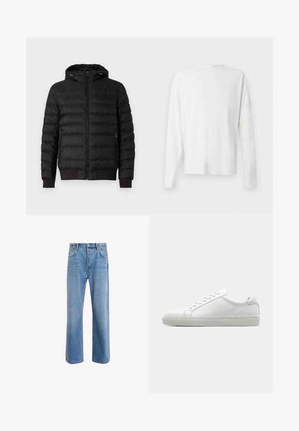 Chaqueta de plumas acolchada negra con capucha, cremallera frontal completa, bolsillos laterales con cremallera y puños y dobladillo acanalados.; Camisa de algodón blanca de manga larga con cuello redondo, aberturas laterales en la parte inferior y una textura suave, exhibida desde la parte de atrás.; Jeans de mezclilla azul claro con un diseño de pierna recta, cinco bolsillos, cierre de botón, ligeramente desgastados y detalles de costura en contraste.; Zapatilla blanca con parte superior de cuero liso y perfil bajo. Presenta una puntera redondeada, seis ojales y una suela de goma texturizada.