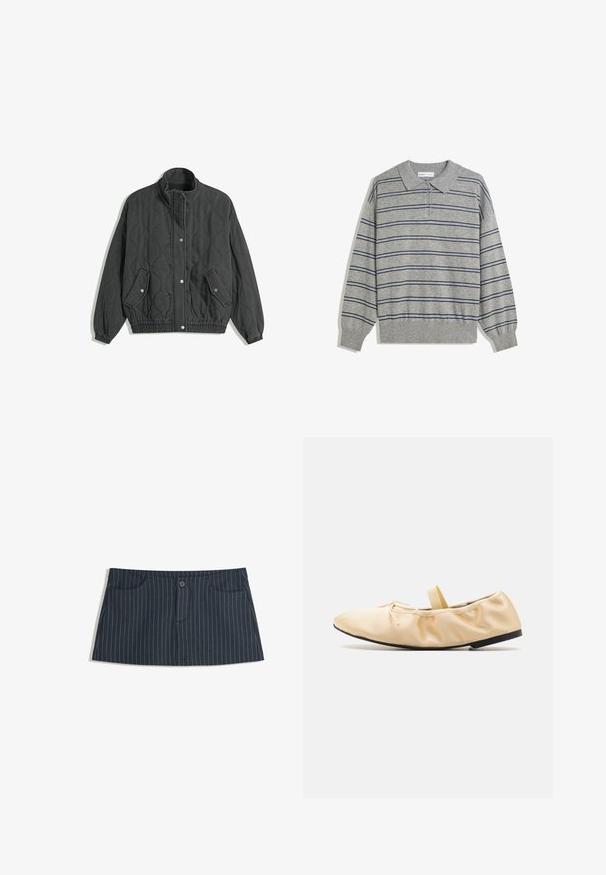Crna kvačena jakna s visokim ovratnikom, prednjim kopčanjem na dugmad, dva džepa s flapom i kopčanjem na dugmad, te elastičnim manžetama i rubom.; Siva dugmadna polo majica dugih rukava s ovratnikom, s tamnoplavim horizontalnim prugama i dugmadi na ovratniku. Mekani materijal.; Tamno plava suknja mini s prugicama, s prednjim džepovima i jednim dugmetom za zatvaranje u struku.; Proenza Schouler GLOVE BALLET FLATS - Balerinke s trakom oko gležnja - light/pastel yellow