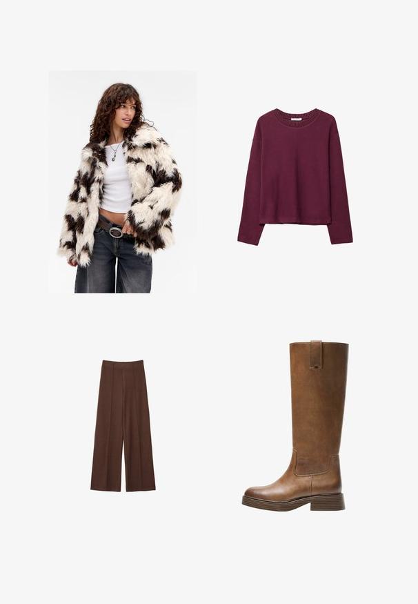 Tekoturkista valmistettu takki, jossa on vaalean kerma- ja ruskeasävyinen raidallinen kuvio, pitkät hihat ja rento malli, yhdistetty valkoiseen toppiin ja tummiin farkkuihin.; Bordogna pitkähihaine neule, ribattu pyöreä pääntie, rento malli, pehmeä tekstuuri ja lasketut olkapäät, minimalistisella suunnittelulla ja ilman kuvioita.; Ruskeat leveälahkeat housut pehmeästä kankaasta, joissa on korkea vyötärö, pystysaumadetailit ja sileä pinta.; Kahvipronssinen polvipituinen saapas, jossa on pyöristetty kärki, teksturoitu pinta ja matala pinoheijastin. Varressa on sivupaneeli ja vetotappi ylhäällä.