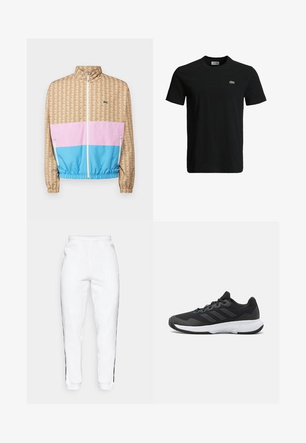 Lättvikts zip-up jacka med ett mönstrat beige övre, färgblockerat nederdel i rosa och blått samt elastiska muddar. Lacoste-logotyp på bröstet.; Svart bomull t-shirt med rundad halsringning, korta ärmar och en liten grön krokodil-logotyp på vänster bröst. Slät textur, avslappnad design.; Vita gymbyxor med elastisk midja, med svarta sidostippar och muddar. Tillverkade av mjukt material med en slät yta.; Svart idrottssko med en texturerad ovandel, tre horisontella ränder och en vit sula med ett mönstrat grepp. Lätt och strömlinjeformad design.