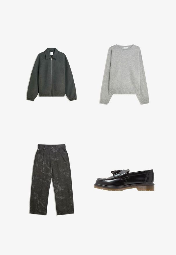 Jachetă gri cu fermoar, cu guler, mâneci raglan, manșete elastice și detalii cu talie strânsă. Fabricată din țesătură texturată.; Pulover gri tricotat cu guler rotund, manșete și tiv ribbed, având o croială relaxată și o textură moale.; Pantaloni din denim gri închis, cu o croială lejeră, având modele marmorate subtile și accente din metal. Design cu cinci buzunare.; Loaferi din piele patent neagră, cu un design împletit, accent cu ciucure și o talpă din cauciuc texturat, robustă. Vederea laterală evidențiază silueta elegantă.