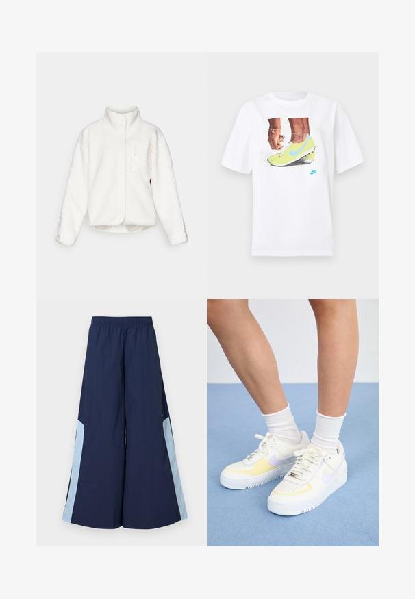 Hvit fleecejakke med høy krage, knappelukking og frontlomme med glidelås. Har et mykt, teksturert stoff med en cropped design.; Hvit bomull t-skjorte med et grafisk motiv av føtter i gule Nike fotballsko med blå detaljer, kombinert med et armbånd på venstre håndledd.; Maritime vide bukser med elastisk talje, med lyseblå sidelapper og en glat tekstur. Designet for komfort og let bevægelse.; Hvit lær sneakers med gule og lavendel detaljer, rund tå, flate lisser, og teksturert gummisåle. Brukt med hvite sokker.