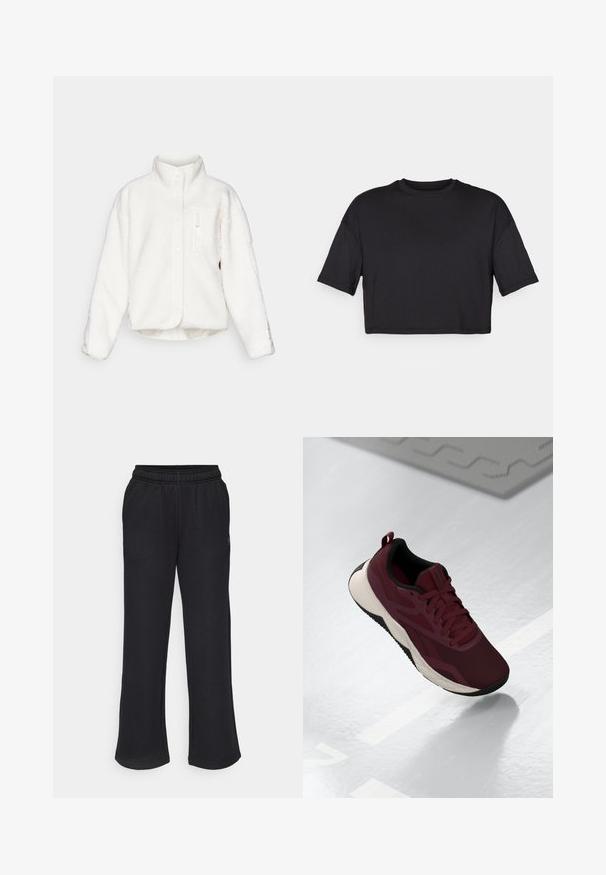 Hvid fleecejakke med høj krave, knaplukning og en frontlompe med lynlås. Har et blødt, tekstureret stof med en cropped design.; Sort cropped t-shirt lavet af blødt stof, med en rund halsudskæring og korte, brede ærmer, med et enkelt, sømløst design.; Sorte sweatpants med en flagrende pasform, elastisk talje og sidelommer. Lavet af blødt stof uden synlige mønstre eller accenter.; Bordeaux atletiske sko med mesh-overdel, sorte accents og en polstret hvid sål. Har snørebåndslukning og en løkke ved hælen.