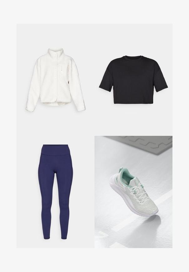 Giacca in pile bianca con colletto alto, chiusura a bottoni e tasca anteriore con zip. Presenta un tessuto morbido e testurizzato con un design cropped.; T-shirt nero cropped realizzato in tessuto morbido, con scollatura rotonda e maniche corte e larghe, dal design semplice e senza cuciture.; Leggings a vita alta navy realizzati in tessuto elasticizzato. Presentano cuciture piatte e una vestibilità aderente, con due tasche laterali per riporre gli oggetti.; Scarpa sportiva grigio chiaro con tomaia in maglia testurizzata, dettagli verde menta, lacci bianchi, suola in gomma e linguetta sul tallone.